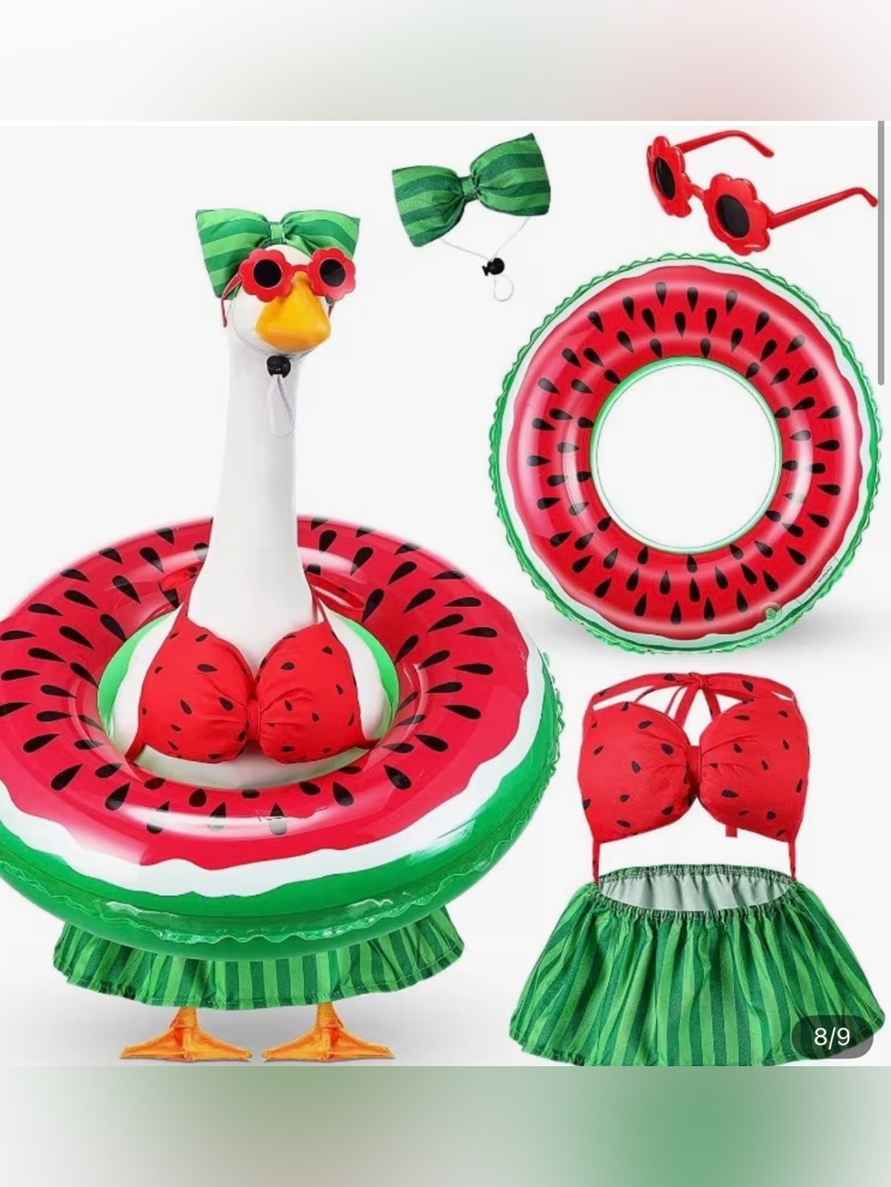 Watermelon Bikini Porch Goose outfit with Green Bow and Accessories